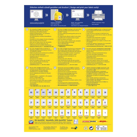 Billedet er en design- og trykguide for etiketter, der indeholder tekst på flere sprog om etiket-teknologi, tryktips og specifikationer. Det inkluderer dimensioner for forskellige etiketformater og information om kompatibilitet med printere.