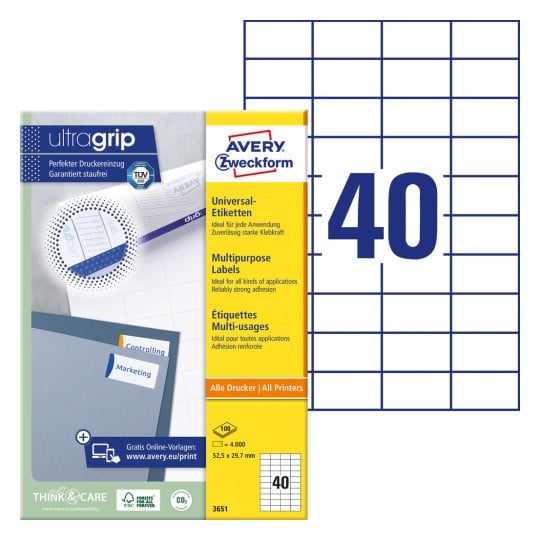 Emballagebillede med etiketark: Avery Zweckform Universaletiketter, Artikel: 3651, Format: 52,5 x 29,7 mm, Printkompatibilitet: Inkjet, Laser S/H, Farvelaser, Indhold: 4.000 etiketter / 100 ark, 40 etiketter/ark.