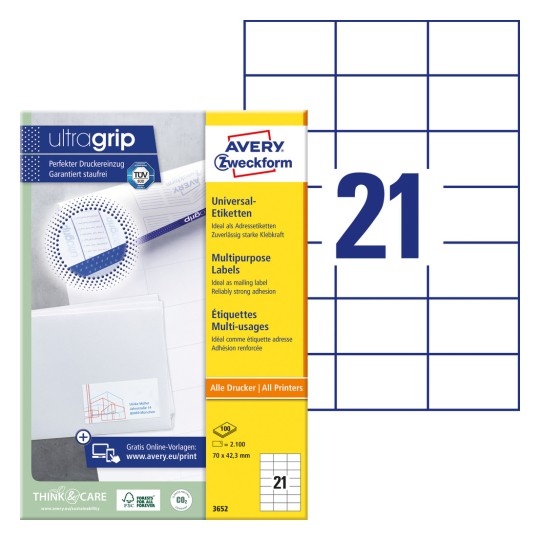 Papkasse med etiketark: Avery Zweckform Universal-etiketter, Artikel: 3652, Format: 70 x 42,3 mm, Printeregnet: Inkjet, Laser s/h, Farvelaser, Indhold: 2.100 etiketter / 100 ark, 21 etiketter/ark