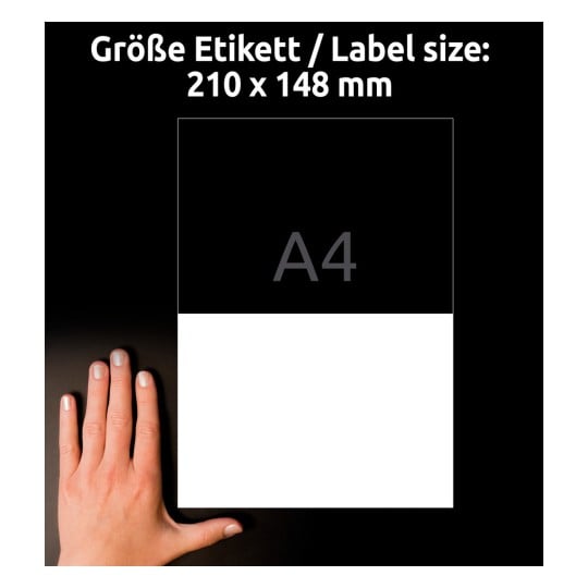Størrelsessammenligning med hånd, artikel: 3655-10, et ark etiketter, hjemmekontor, lille pakke, format: 210 x 148 mm, farve: hvid?