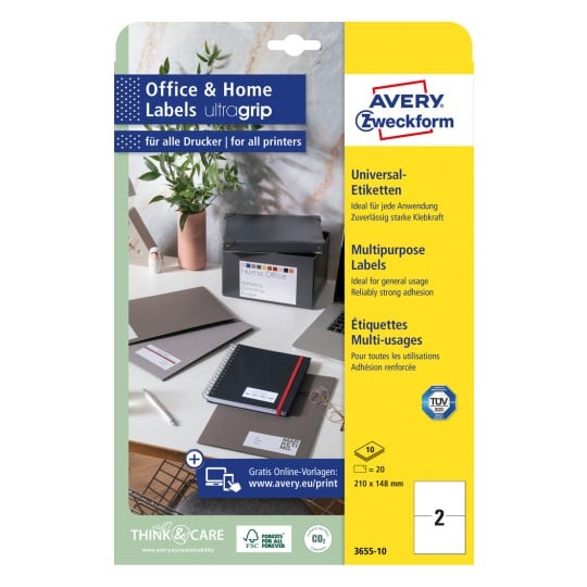 Pakningsbillede: Avery Zweckform Universaletiketter, permanent klæbende, Artikel: 3655-10, Format: 210 x 148 mm, Printmulighed: Inkjet, Laser sort/hvid, Farvelaser, Indhold: 20 etiketter / 10 ark, 2 etiketter/ark.