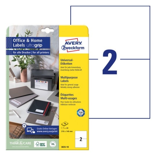 Pakningsbillede med etiketark: Avery Zweckform etiketter, Home Office, Lillepakke, Artikel: 3655-10, Format: 210 x 148 mm, Trykegnethed: Inkjet, Laser s/h, Farvelaser, Indhold: 20 etiketter / 10 ark, 2 etiketter/ark?