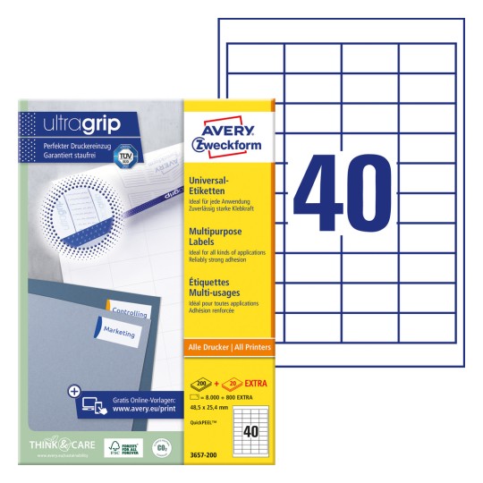 Pakningsbillede med etiketark: Avery Zweckform Universal-Etiketter, Artikel: 3657, Format: 48,5 x 25,4 mm, Printeregnet: Inkjet, Laser s/h, Farvelaser, Indhold: 4.000 etiketter / 100 ark, 40 etiketter/ark.