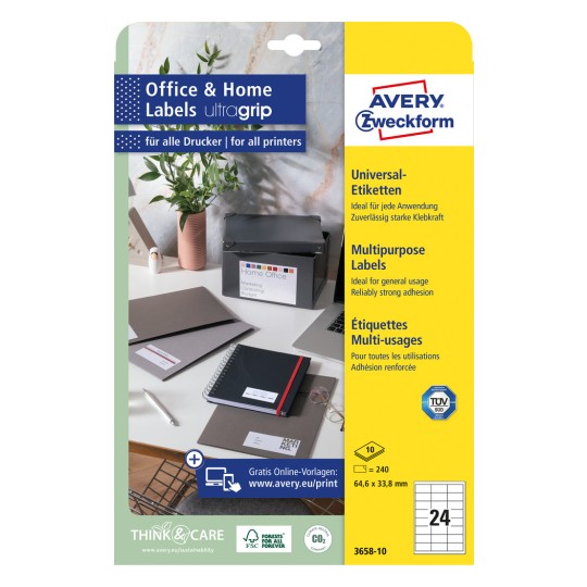 Pakningsbillede: Avery Zweckform Universal-etiketter, permanent klæbende, Artikel: 3658-10, Format: 64,6 x 33,8 mm, Printeregnethed: Inkjet, Laser s/h, Farvelaser, Indhold: 240 etiketter / 10 ark, 24 etiketter/ark?