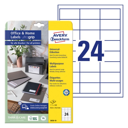 Pakkeillustration med etiketark: Avery Zweckform etiketter, Home Office, lille pakke, artikel: 3658-10, format: 64,6 x 33,8 mm, trykegnethed: inkjet, s/h laser, farvelaser, indhold: 240 etiketter / 10 ark, 24 etiketter/ark.