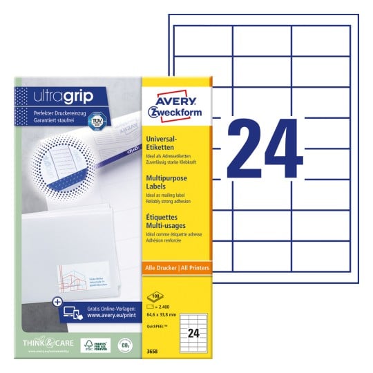 Emballagebillede med etiketark: Avery Zweckform Universal-etiketter, Artikel: 3658, Format: 64,6 x 33,8 mm, Printeregnethed: Inkjet, Laser s/h, Farvelaser, Indhold: 2.400 etiketter / 100 ark, 24 etiketter/ark.