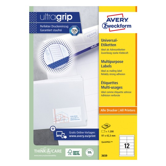 Pakningsillustration: Avery Zweckform Universal-etiketter, permanent klæbende, Artikel: 3659, Format: 97 x 42,3 mm, Printeregnet: Inkjet, Laser sort/hvid, Farvelaser, Indhold: 1.200 etiketter / 100 ark, 12 etiketter/ark.