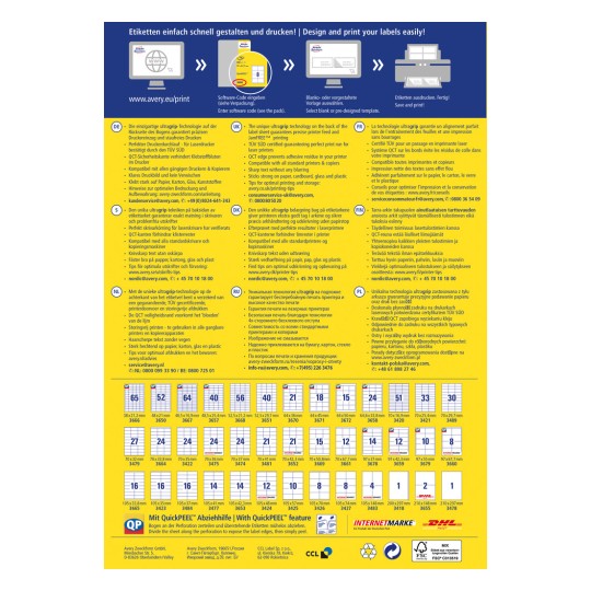 Billedet fremviser en guide til etiketudskrivning med detaljer om ultragrit-teknologien og beskrivelser på flere sprog for etiketdesign og -udskrivningstips samt forskellige etiketformater og specifikationer.