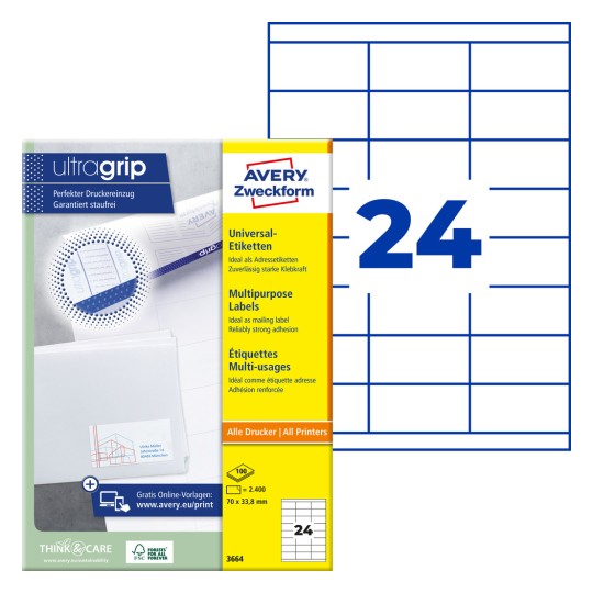 Etiketbillede med etiketark: Avery Zweckform Universal-etiketter, Artikel: 3664, Format: 70 x 33,8 mm, Udskrivning: Inkjet, Laser s/h, Farvelaser, Indhold: 2.400 etiketter / 100 ark, 24 etiketter/ark.