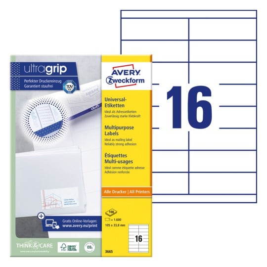 Æske med etiketark: Avery Zweckform Universal-etiketter, Artikel: 3665, Format: 105 x 33,8 mm, Printeregnet til: Inkjet, Laser s/h, Farvelaser, Indhold: 1.600 etiketter / 100 ark, 16 etiketter/ark.