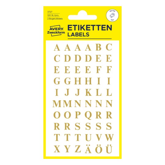 Pakningsbillede: Avery Zweckform Bogstaver og Tal, Artikel: 3727, Format: 85 x 160 mm, Indhold: 120 Sticker / 2 ark, 60 Sticker/ark.
