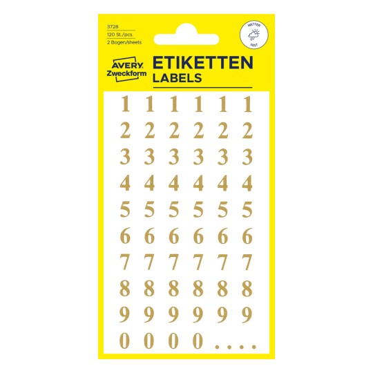 Pakningsbillede: Avery Zweckform bogstaver og tal, artikel: 3728, format: 85 x 160 mm, indhold: 120 klistermærker / 2 ark, 60 klistermærker/ark.