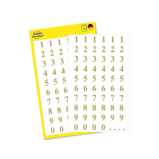 Pakningsbillede med etiketark: Avery Zweckform tal-etiketter, artikel: 3728, format: 85 x 160 mm, indhold: 120 klistermærker / 2 ark, 60 klistermærker/ark.