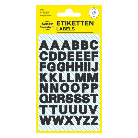Emballagebillede: Avery Zweckform bogstaver og tal, Artikel: 3780, Format: 85 x 160 mm, Indhold: 104 klistermærker / 2 ark, 52 klistermærker/ark?