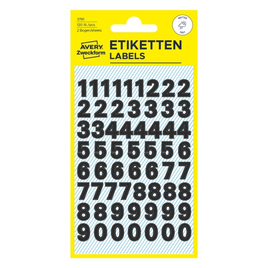 Pakningsbillede: Avery Zweckform Bogstaver og Tal, Artikel: 3781, Format: 85 x 160 mm, Indhold: 120 stickers / 2 ark, 60 stickers/ark?