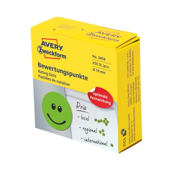 Pakkeillustration: Avery Zweckform farvede mærker, Artikel: 3858, Format: ⌀ 19 mm, Indhold: 250 etiketter / 1 rulle, 250 etiketter/rulle?