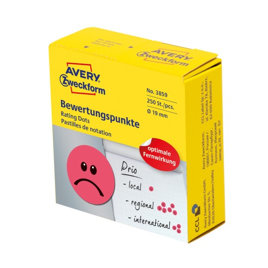 Emballagebillede: Avery Zweckform Farvede Markørpunkter, Artikel: 3859, Format: ⌀ 19 mm, Indhold: 250 Etiketter / 1 Rulle, 250 Etiketter/Rulle?