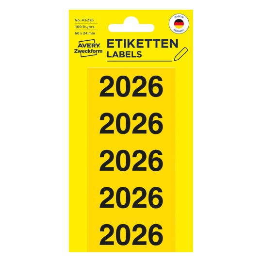 Emballagebillede: Avery Zweckform Ordreetiketter med årstal, Artikel: 43-226, Format: 60 x 24 mm, Indhold: 100 etiketter / 20 ark, 5 etiketter/ark?