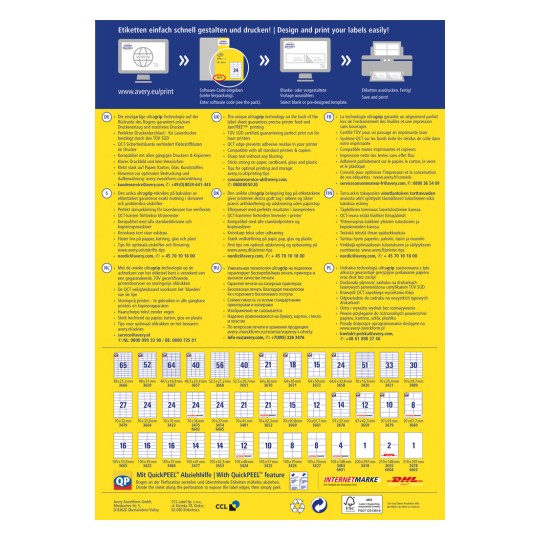 Dette billede er en flersproget guide til design og printning af etiketter, der indeholder instruktioner, tips og specifikationer for forskellige typer etiketter. Det inkluderer kontaktinformation til kundeservice og præsenterer en tabel med etiketdimensioner.