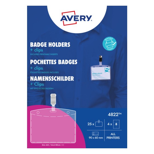 Pakkeillustration: Avery Zweckform, Artikel: 4822, Format: 90 x 60 mm, Printeregnethed: Inkjet, Farvelaser, Laser s/h, Kopimaskine, Indhold: 25 navneskilte / 32 indsætningsskilte / 4 ark, /ark?