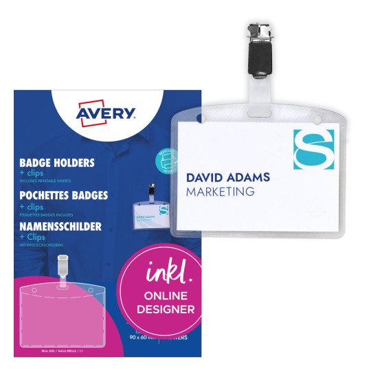Pakkeillustration med kortark: Avery Zweckform navneskilte med clip, artikel: 4822, format: 90 x 60 mm, udskriftskompatibilitet: Inkjet, farvelaser, sort/hvid laser, kopimaskine, indhold: 25 navneskilte / 32 indsatskort / 4 ark, /ark?