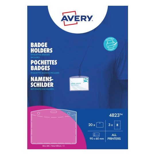 Billedet viser en kortholder fra Avery, med produktoplysninger som 'Kortholdere', dimensioner og et eksempel på et navneskilt. Den er designet til alle printere.