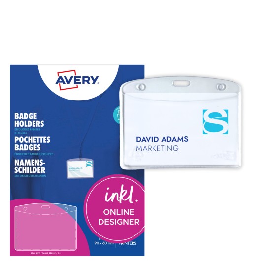 Billedet viser kortholdere med information om 'David Adams' i markedsføring, ledsaget af en baggrund for Averys produktlinje.