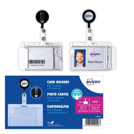 Billedet viser Avery-kortholdere til to kort med en badge-reel. Den ene holder viser et navn, Paul Meyer, med et foto, mens den anden har en stregkode og et medarbejder-ID.