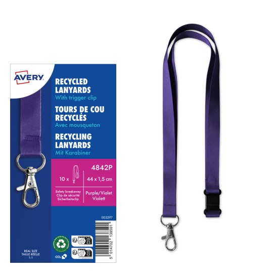 Billedet viser en pakke med genbrugte nøglesnore i lilla med en udløserclips. Den inkluderer branding fra Avery og detaljer om produktet på venstre side.