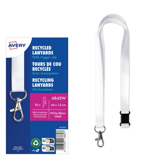Billedet viser genbrugte lanyards med en triggerklips, der fremhæver emballagedetaljer som størrelse og miljømæssig bæredygtighed. Lanyardene synes at være hvide.