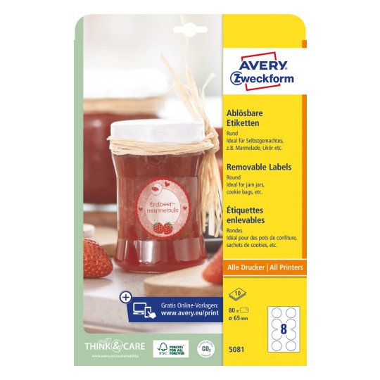 Pakkeillustration: Avery Zweckform Runde Etiketter, Artikel: 5081, Format: ⌀ 65 mm, Printeregnethed: Inkjet, Laser s/h, Farvelaser, Indhold: 80 etiketter / 10 ark, 8 etiketter/ark.
