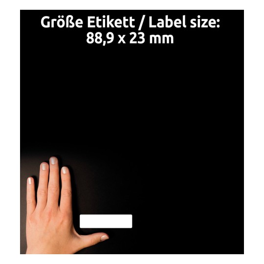 Størrelsessammenligning med hånd, Artikel: 5101, et ark computer-etiketter, format: 88,9 x 23 mm, farve: Hvid?