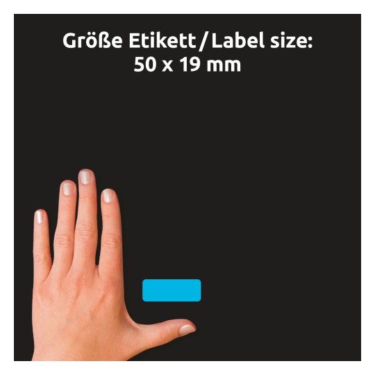 Størrelsessammenligning med hånd, Artikel: 51047, et ark Farvede etiketter, Format: 50 x 19 mm, Farve: Blå, Gul, neongrøn, neonorange, neonrød?