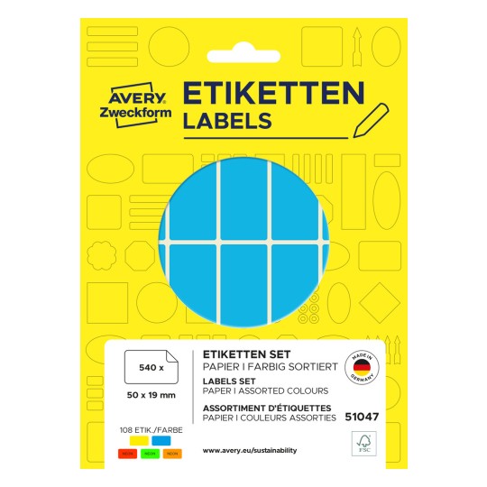 Pakkebillede: Avery Zweckform Non A4 Universal-etiketter til håndskrivning, Artikel: 51047, Format: 50 x 19 mm, Indhold: 540 etiketter / 30 ark, 18 etiketter/ark?
