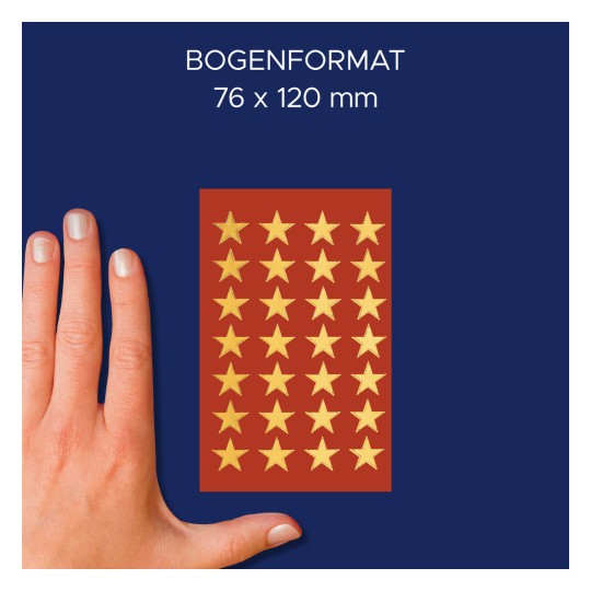 Størrelsesammenligning med hånd, Artikel: 52800, et ark juleklistermærker, Format: 85 x 160 mm, Farve: Guld?