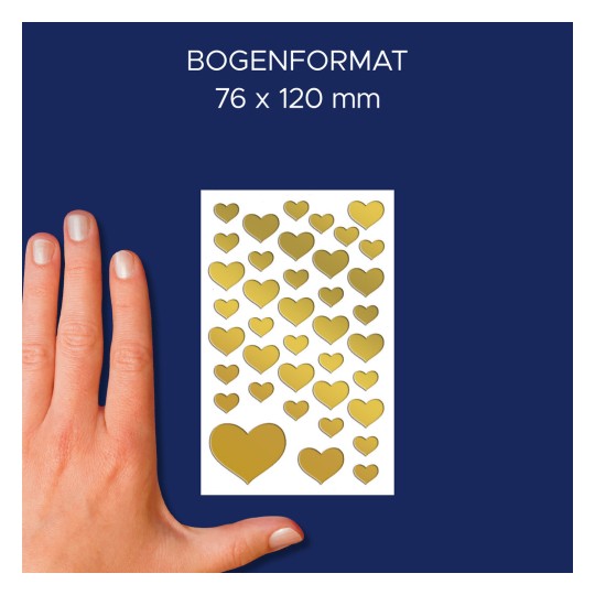 Størrelsessammenligning med hånd, Artikel: 53282, et ark dekorationsklistermærker, format: 85 x 160 mm, farve: guld?