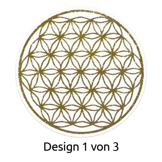 Billedet har et cirkulært design med et gentagende mønster af overlappende blomster, farvet i grønt. Det er mærket 'Design 1 von 3'.