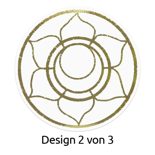 Billedet har et cirkulært design med et blomstlignende mønster i grøn. Det har en central cirkel omgivet af kronbladslignende former og er mærket 'Design 2 von 3' nederst.