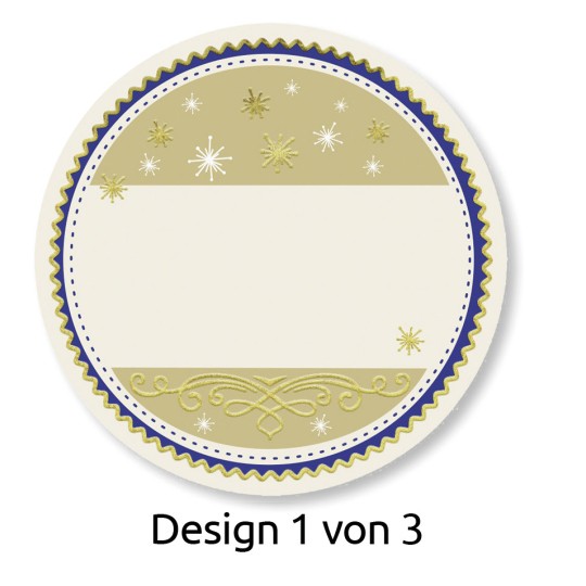 Billedet har et cirkulært design med en grøn og blå farvepalet. Det indeholder dekorative elementer som snefnug og udsmykkede linjer, med et tomt område i midten til tilpasning. Teksten nederst siger 'Design 1 af 3'.