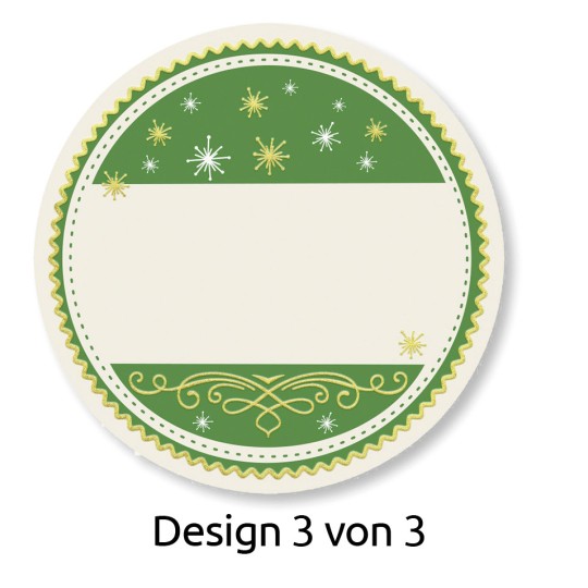 Billedet viser et cirkulært etiketdesign med et grønt og cremefarvet farveskema. Det indeholder dekorative elementer som stjerner og hvirvler og har et tomt område i midten til at skrive. Etiketten er mærket 'Design 3 von 3.'