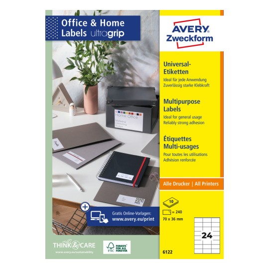 Pakningsbillede: Avery Zweckform Universal-etiketter, permanent klæbende, Artikel: 6122, Format: 70 x 36 mm, Printeregnet: Inkjet, Laser s/h, Farvelaser, Indhold: 240 etiketter / 10 ark, 24 etiketter/ark