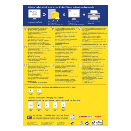 Billedet er en informationsgrafik om etikettrykningsprodukter fra Avery, der indeholder forskellige sprogvejledninger, produktspecifikationer og designtips til effektiv udskrivning af etiketter.