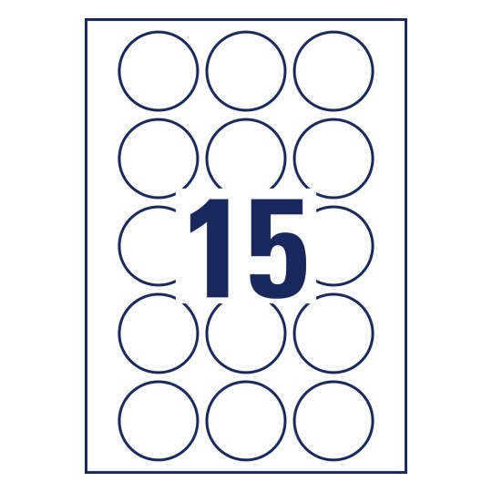 Stansetegning Enkeltark A4, Artikelnr.: 6225REV-10, Runde etiketter, aftagelige, Format: ⌀ 51 mm, 15 etiketter/ark.