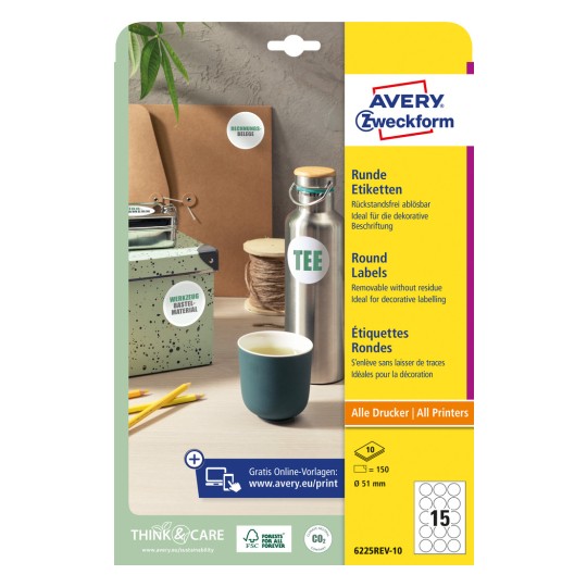 Pakningsbillede: Avery Zweckform Runde Etiketter, Artikel: 6225REV-10, Format: ⌀ 51 mm, Printeregnet: Inkjet, Laser sort/hvid, Farvelaser, Indhold: 150 etiketter / 10 ark, 15 etiketter/ark.