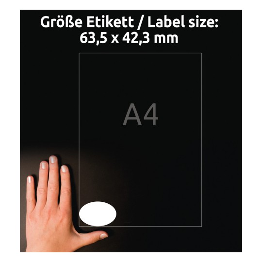 Størrelsessammenligning med hånd, Artikel: 6242-10, et ark ovale etiketter, format: 63,5 x 42,3 mm, farve: hvid?