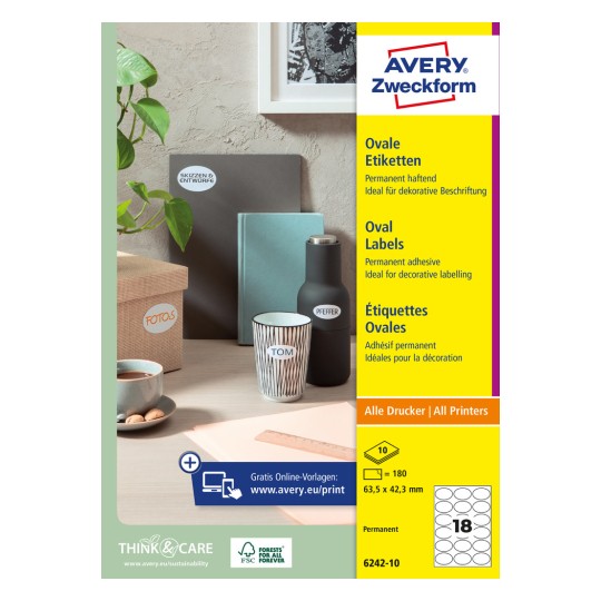 Pakningsbillede: Avery Zweckform Ovale Etiketter, Artikel: 6242-10, Format: 63,5 x 42,3 mm, Printeregnethed: Inkjet, Laser s/h, Farvelaser, Indhold: 180 Etiketter / 10 ark, 18 Etiketter/ark