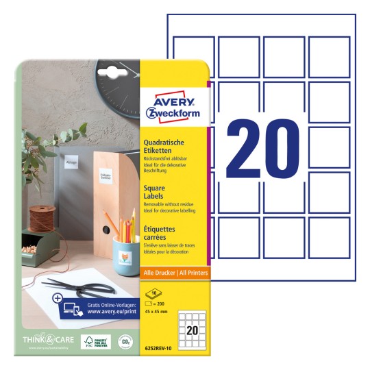 Pakkeillustration med etiketterark: Avery Zweckform Kvadratiske Etiketter, aftagelige, Artikel: 6252REV-10, Format: 45 x 45 mm, Printeregnethed: Inkjet, Laser s/h, Farvelaser, Indhold: 200 etiketter / 10 ark, 20 etiketter/ark.