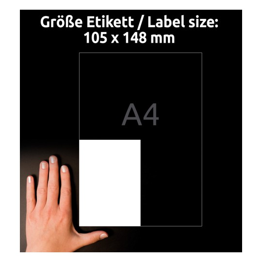 Billedet viser en hånd ved siden af en etiket, der angiver en størrelse på 105 x 148 mm, med bogstavet A4 også vist. Baggrunden er mørk.