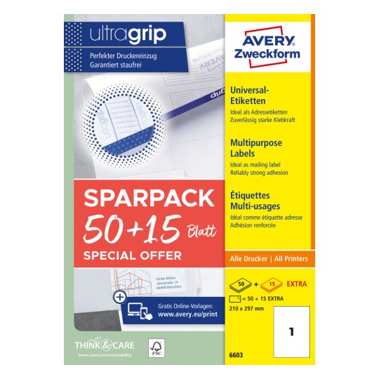 Pakkebillede: Avery Zweckform Universal-etiketter, permanent klæbende, Artikel: 6603, Format: 210 x 297 mm, Printeregnet: Inkjet, Laser s/h, Farvelaser, Indhold: 65 etiketter / 65 ark, 1 etiket/ark?