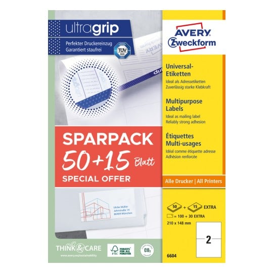 Pakningsbillede: Avery Zweckform universal-etiketter, permanent klæbende, artikel: 6604, format: 210 x 148 mm, printeregnet: Inkjet, Laser s/h, Farvelaser, indhold: 130 etiketter / 65 ark, 2 etiketter/ark.